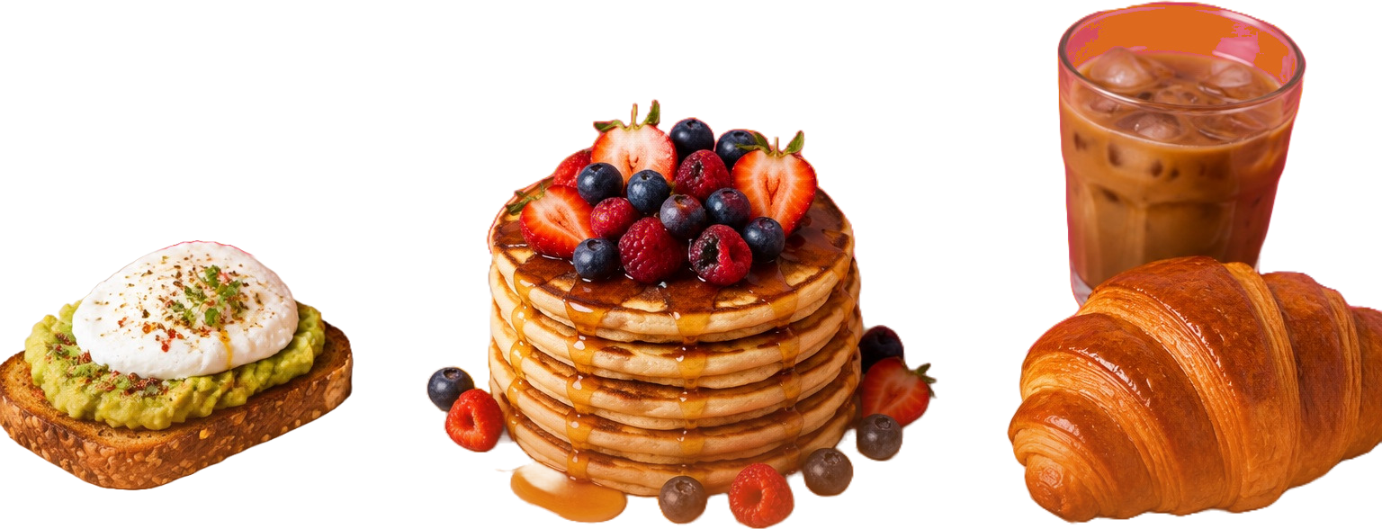 Pancakes généreux aux fruits rouges et sirop, tartine d’avocat avec œuf poché, croissant doré et café glacé.